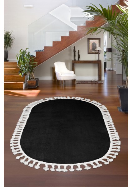 Dijidekor Siyah Oval Post Dokuma Halı Saçaklı Peluş Yumuşacık Kaymaz Antibakteriyel 160X250