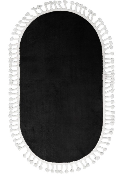 Dijidekor Siyah Oval Post Dokuma Halı Saçaklı Peluş Yumuşacık Kaymaz Antibakteriyel 160X250