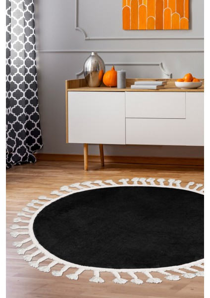 Dijidekor Siyah Yuvarlak Post Dokuma Halı Püslüllü Peluş Halı Antibakteriyel 120X120 fiyatları