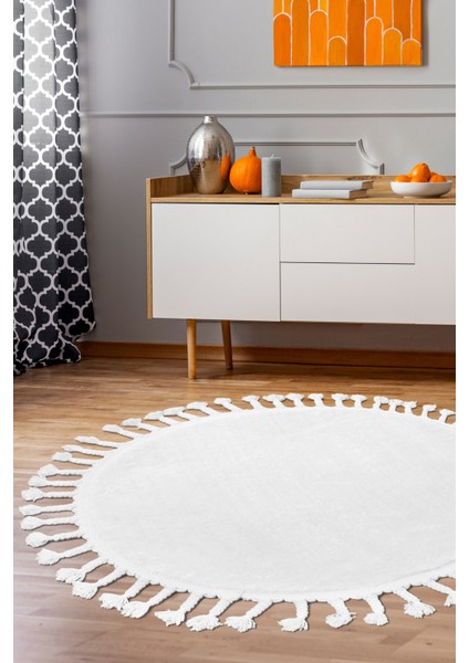 Dijidekor Beyaz Yuvarlak Post Dokuma Halı Saçaklı Peluş Halı Antibakteriyel 180X180