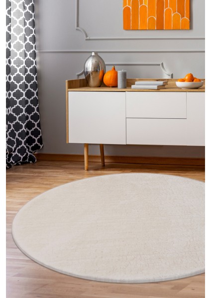 Diji Dekor Dijidekor Açık Vizon-Krem Yuvarlak Post Dokuma Halı Peluş Yumuşacık Kaymaz Antibakteriyel 170X170