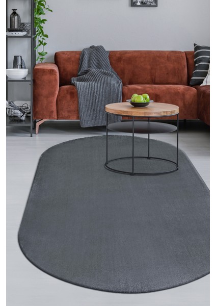 Dijidekor Koyu Gri Oval Post Dokuma Halı Peluş Yumuşacık Kaymaz Antibakteriyel 80X400