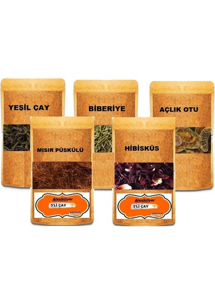 Detoks Çayı 5'li Paket ; Yeşil Çay - Hibiskus - Biberiye - Mısır Püskülü - Açlık Otu