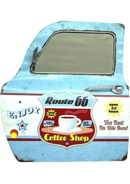 Dekoratif Route 66 Coffeetemalı Mavi Araba Kapısı Ayna
