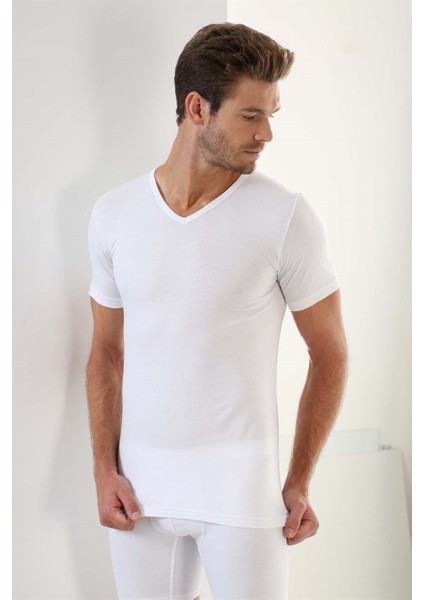 Beyaz Erkek Basic Slim Fit Tişört %100 Pamuk V Yaka Kısa Kollu Fanila