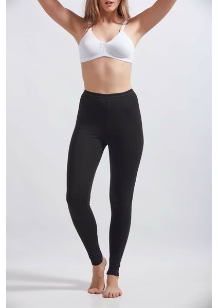 Kadın Siyah Pamuklu Likralı Uzun Tayt