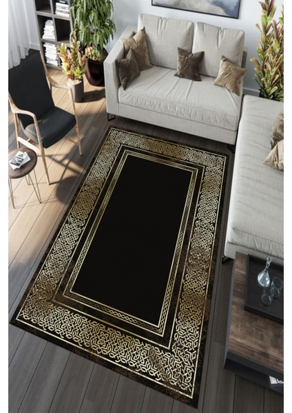 Siyah Zeminli Gold Detaylı Halı Makinada Yıkanabilir Kaymaz Dot Taban CP1190