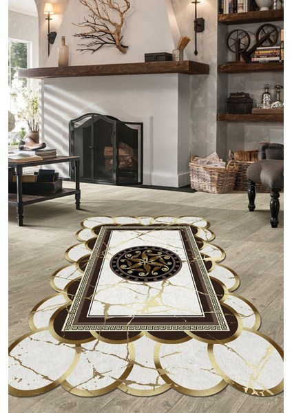 Lazer Kesim Gold Mermer Desen Halı (Makinada Yıkanabilir Kaymaz Dot Taban) - CP1183