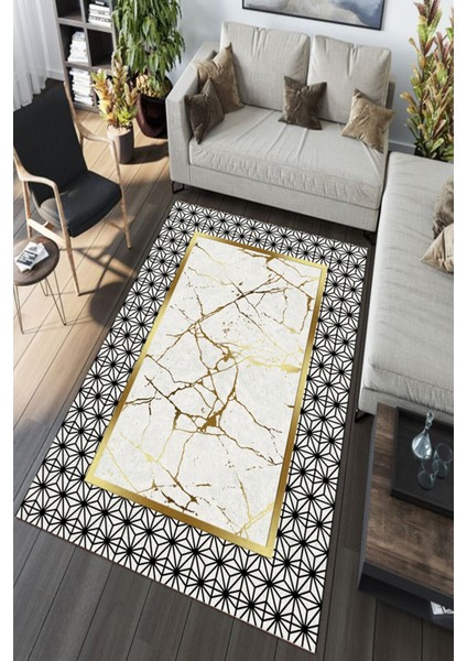 Gold Mermer Desenli Geometrik Halı (Makinada Yıkanabilir Kaymaz Dot Taban) - CP1181