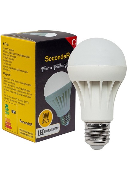 Seconder E27 9 Watt 12 Volt LED Solar Ampul Beyaz