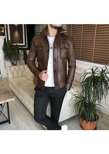 %100 Orjinal Kuzu Deri Mont Ceket Taba T6319