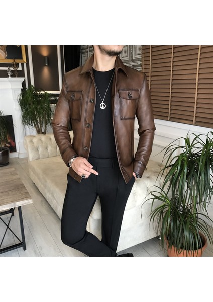 %100 Orjinal Kuzu Deri Mont Ceket Taba T6319
