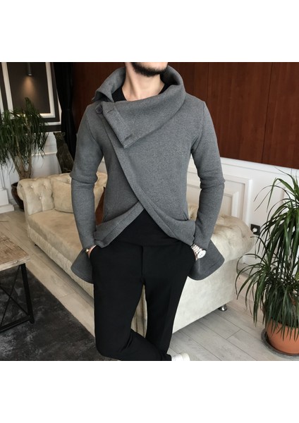 Italyan Stil Mevsimlik Yaka Düğmeli Panço Gri T6468