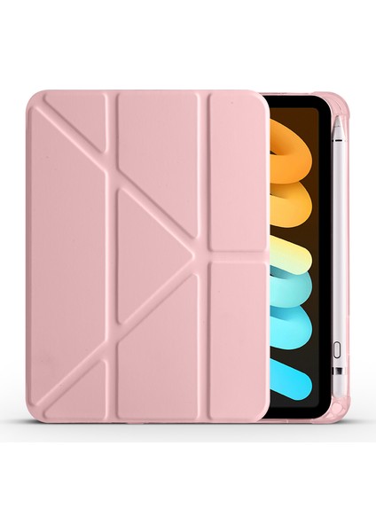 Apple iPad Mini 6. Nesil 2021 Uyumlu Tablet Kılıfı Kalemlik Bölmeli Standlı Kapaklı Silikon Kılıf Rose Gold