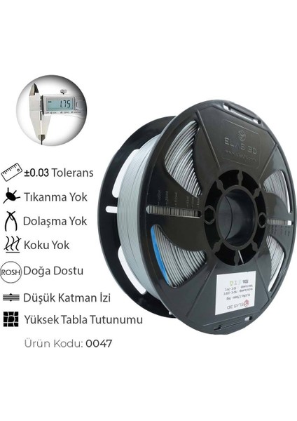 Pla Plus Filament 1.75 mm 1 kg Gümüş Gri