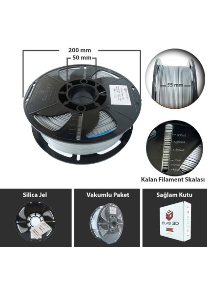 Pla Plus Filament 1.75 mm 1 kg Gümüş Gri