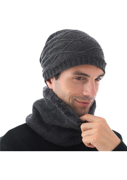 Gri Kış Skullies Şapka Kasketleri Yün Örme Şapka Eşarp Astarlı Erkek Gorras Bonnet Kışlık Şapkalar Erkekler Içın Bere (Yurt Dışından) fiyatları