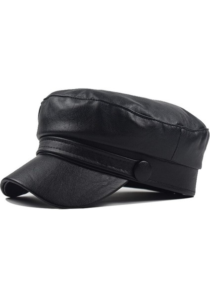Siyah Moda Unisex Pu Deri Askeri Kapaklar Ilkbahar Sonbahar Denizci Şapkaları Kadın Erkek Siyah Gri Düz Üst Kaptan Kap Seyahat Harbiyeli Şapka (Yurt Dışından)