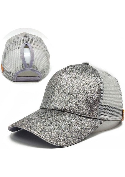 Gri Düz Renk Glitter At Kuyruğu Beyzbol Şapkası Kadın Yaz Doğa Sporları Örgü Ince Parlak Snapback Şapka Dağınık Topuz Hip Hop Eş Şapkaları (Yurt Dışından)