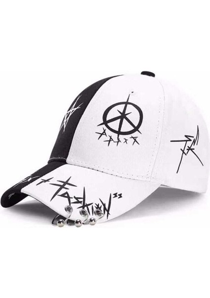 Beyaz Yeni Dikiş Uzun Flamalar Eşleşen Pentagram Graffiti Beyzbol Şapkası Öğrenci Genç Erkekler ve Kadınlar Ilkbahar Yaz Eş Şapkası Kap (Yurt Dışından)