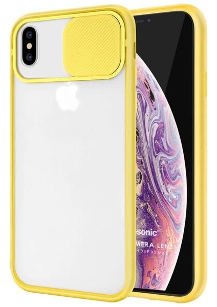 Apple iPhone Xs Max Sürgülü Kamera Korumalı Kılıf - Sarı