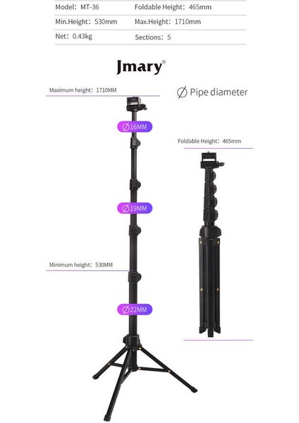 Mt-36 Tripod 171 cm 360 Derece Dönebilen Başlık 4 Kademeli Yükselik Ayarı