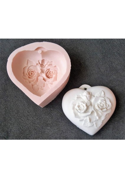 7cm Kulplu Gül Kabartmalı Askı Kalp Silikon Kalıp K-209