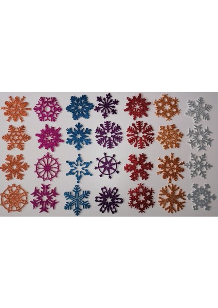 7 Farklı Renkte Kar Tanesi Simli Eva Ağaç ve Hediye Süsü 8X8CM 28 Li