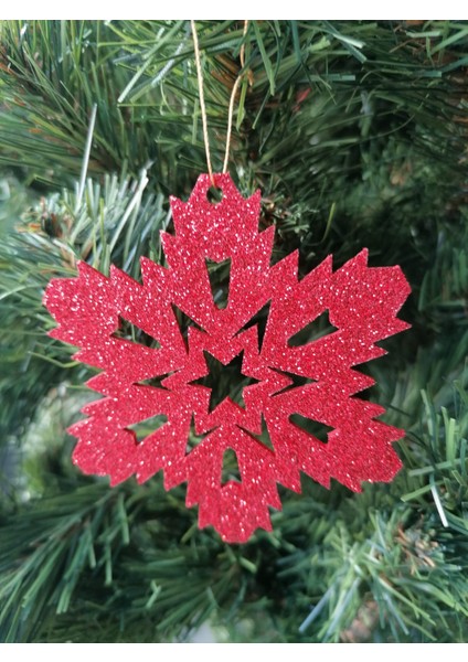 Kırmızı Kar Tanesi Simli Eva Ağaç ve Hediye Süsü 8X8CM 12 Li