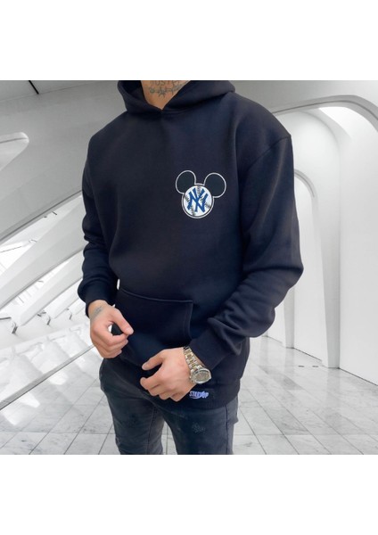 Amor Man Kapüşonlu Yankees Sırt Baskılı 4 Iplik Çok Kalın Tam Kışlık Oversize Erkek Sweatshirt