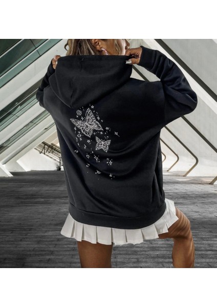 Amor Woman Kapüşonlu Tam Fermuarlı Sırt Kelebek Baskılı Oversize Kalın Tam Kışlık Kadın Ceket-Sweatshirt