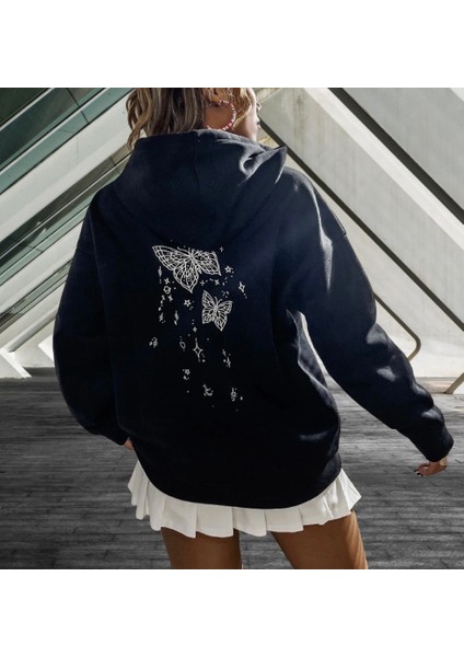 Amor Woman Kapüşonlu Tam Fermuarlı Sırt Kelebek Baskılı Oversize Kalın Tam Kışlık Kadın Ceket-Sweatshirt fiyatları