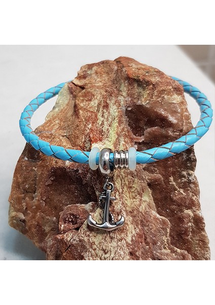 TS000024 - Gerçek Deri, Açık Manşet, Sallantılı Çapa Figürü, Deri El İşi/Tasarım Çocuk Bileklik modelleri
