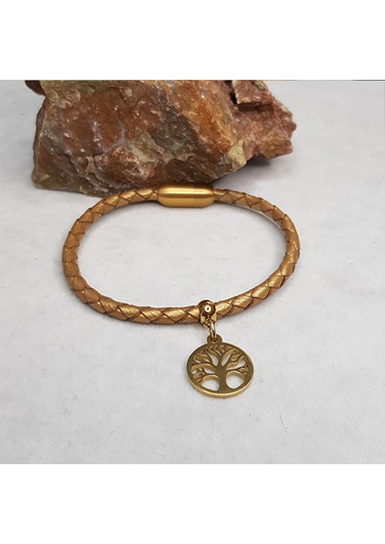 TS000141 - Gerçek Deri, (4 Mm) Altın Yaldız Hayat Ağacı Deri El İşi/Tasarım Erkek Bileklik