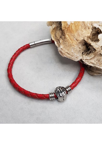 TS000142 - Gerçek Deri, (4 Mm)) Kırmızı Renk Deri Uğur Böceği Deri El İşi/Tasarım Erkek Bileklik fiyatları