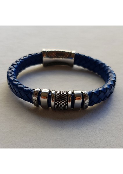TS000561 - Gerçek Deri Geniş Bantlı Lacivert Deri El İşi/Tasarım Erkek Bileklik