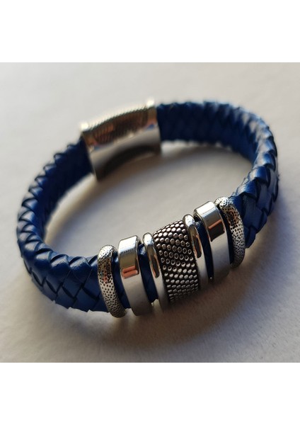 TS000561 - Gerçek Deri Geniş Bantlı Lacivert Deri El İşi/Tasarım Erkek Bileklik modelleri