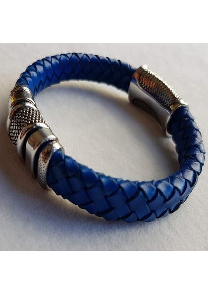 TS000561 - Gerçek Deri Geniş Bantlı Lacivert Deri El İşi/Tasarım Erkek Bileklik fırsatları