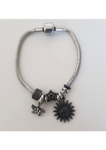 TS000523 - Pand. Güneş ve Deniz Yıldızı Figürü Paslanmaz Çelik El İşi/Tasarım Erkek Bileklik