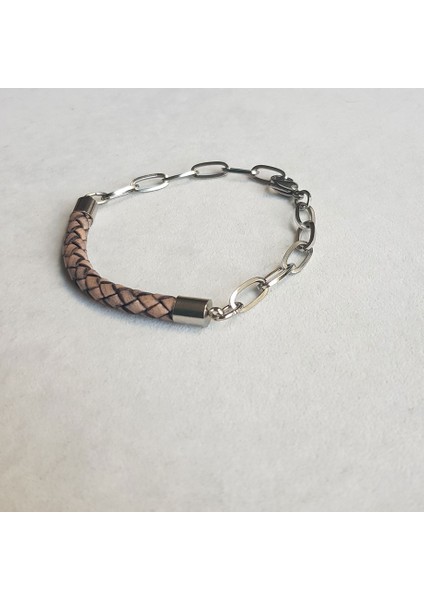 TS000715 - Gerçek Deri, Yılan Sırtı Deseni Açık Kahve Rengi Deri El İşi/Tasarım Erkek Bileklik