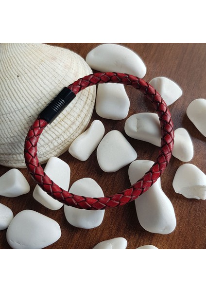 TS000850 - Gerçek Deri Yılan Sırtı Desen, Kiremit Kırmızı Renk Deri El İşi/Tasarım Erkek Bileklik