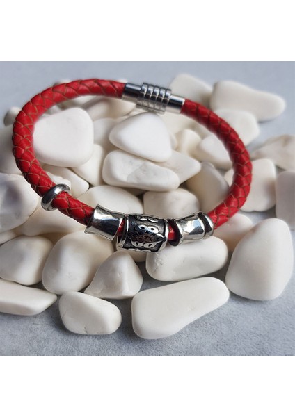 TS000905 - Yapay Deri Kiremit Kırmızı Renk Deri El İşi/Tasarım Erkek Bileklik