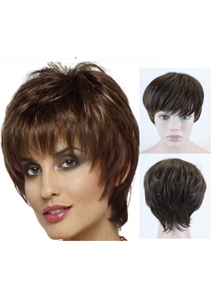 Kadınlar Düz Kısa Doğal Peruk Tarzı Pixie Cut Sentetik Saç Kahverengi Kadınlar Içın Isıya Dayanıklı Saç Peruk