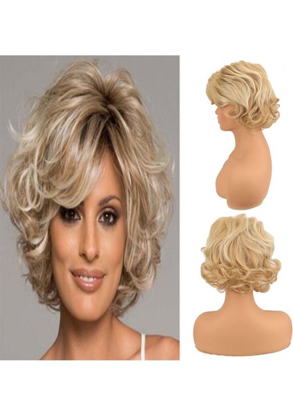 Kadınlar Içın Peruk Sentetik Saç Patlama ile Kısa Kıvırcık Saç Doğal Açık Altın Isıya Dayanıklı Lük Kullanım Peruk