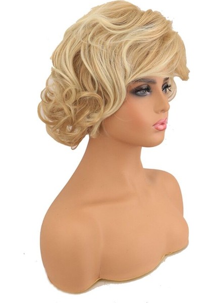 Kadınlar Içın Peruk Sentetik Saç Patlama ile Kısa Kıvırcık Saç Doğal Açık Altın Isıya Dayanıklı Lük Kullanım Peruk modelleri