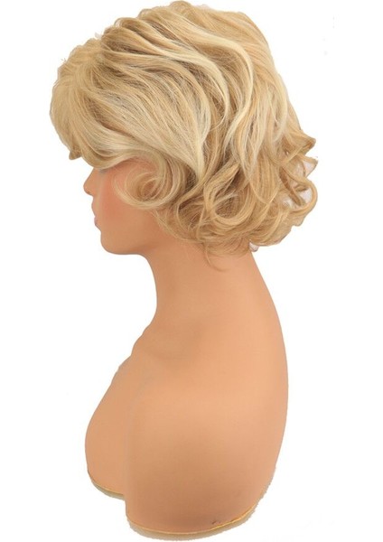Kadınlar Içın Peruk Sentetik Saç Patlama ile Kısa Kıvırcık Saç Doğal Açık Altın Isıya Dayanıklı Lük Kullanım Peruk fırsatları