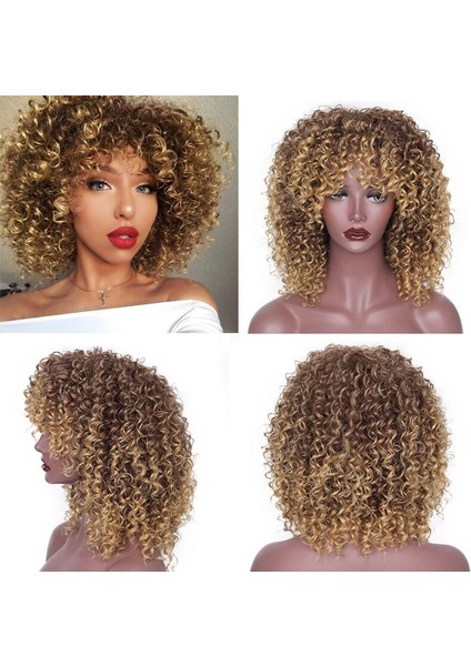 Sentetik Kısa Saç Afro Kinky Kıvırcık Kadınlar Içın Peruk Siyah Saç Sıcaklık Elyaf Karışık Kahverengi ve Sarışın Renk