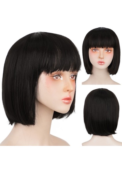 Sentetik Kısa Düz Peruk Siyah Bob Peruk Kadınlar Içın Kahverengi/beyaz Renk Lük Kullanım Saç Sıcaklık Fiber