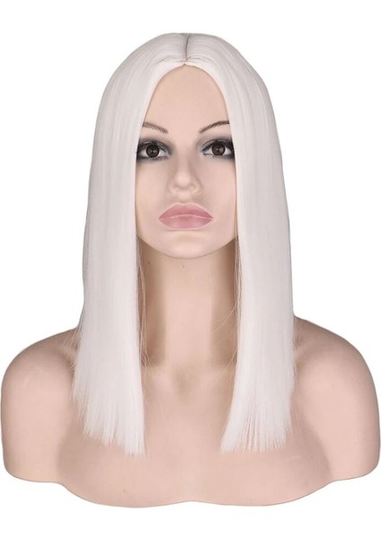 14 Inç Kısa Düz Peruk Sentetik Peruk Kadınlar Içın Cosplay Bob Beyaz Sarışın Doğal Orta Kısmı Isıya Dayanıklı Saç