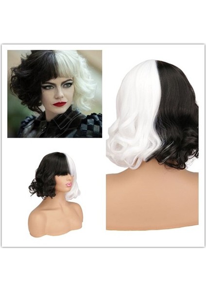 Cruella Cosplay Peruk Kısa Bob Çünkü Cadılar Bayramı Partisi Kadın Sentetik Saç Lolita Isıya Dayanıklı Yarım Siyah Beyaz Peruk